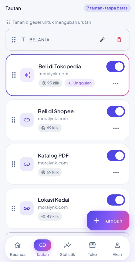 Layar Tautan aplikasi Moralynk